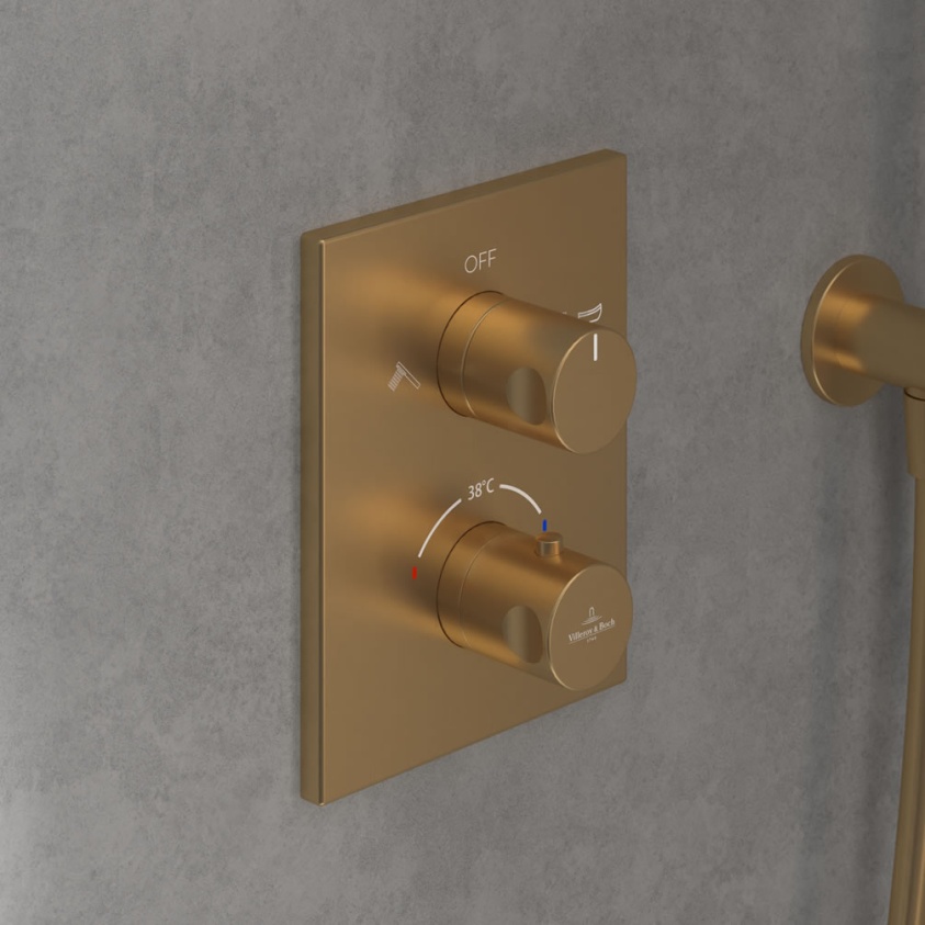 Lifestyle image of Villeroy & Boch Universal Brushed Gold Dual Outlet Thermostatic Shower Valve